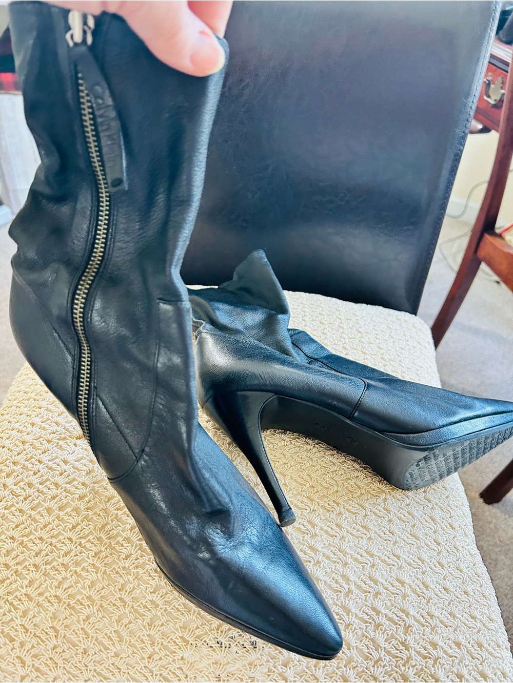 Calvin Klein Black Pointed-Toe Leather Heeled Boots - Picture 2 of 3